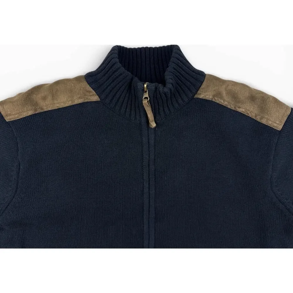 North River Sweater Jacket Mens M Full Zip Black Beige Suede Shoulder Lined